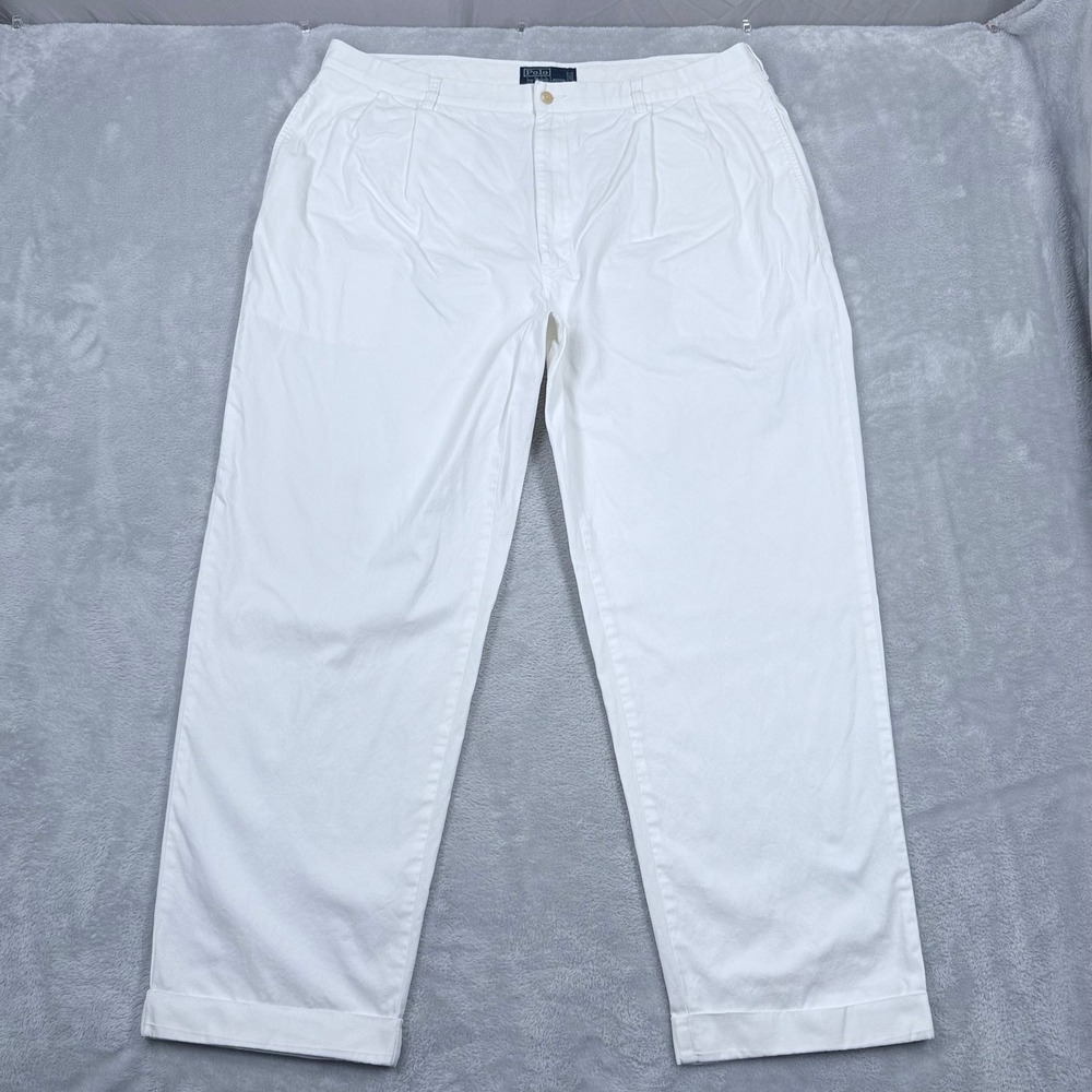 Vintage Polo Ralph‎ Lauren Chino Pants Mens 38x30 White Pleated Cotton Cuffed